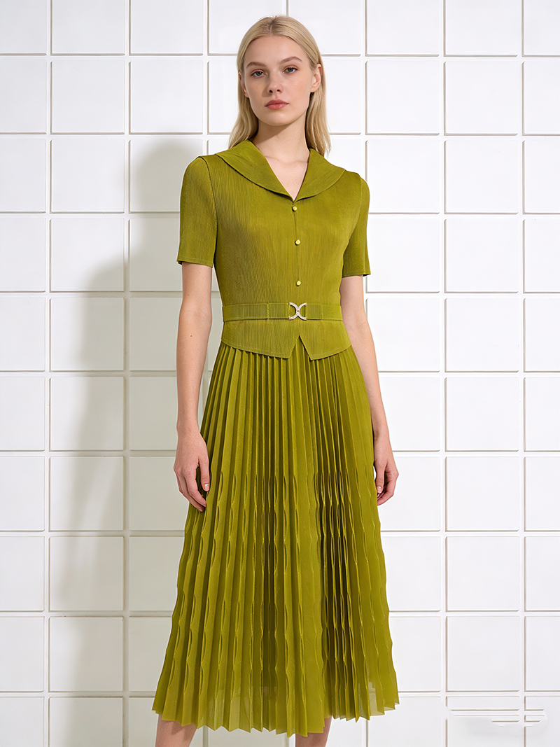 RY1928# 三宅外贸娃娃领腰带收腰显瘦褶皱连衣裙百褶裙mm装简约大码女装