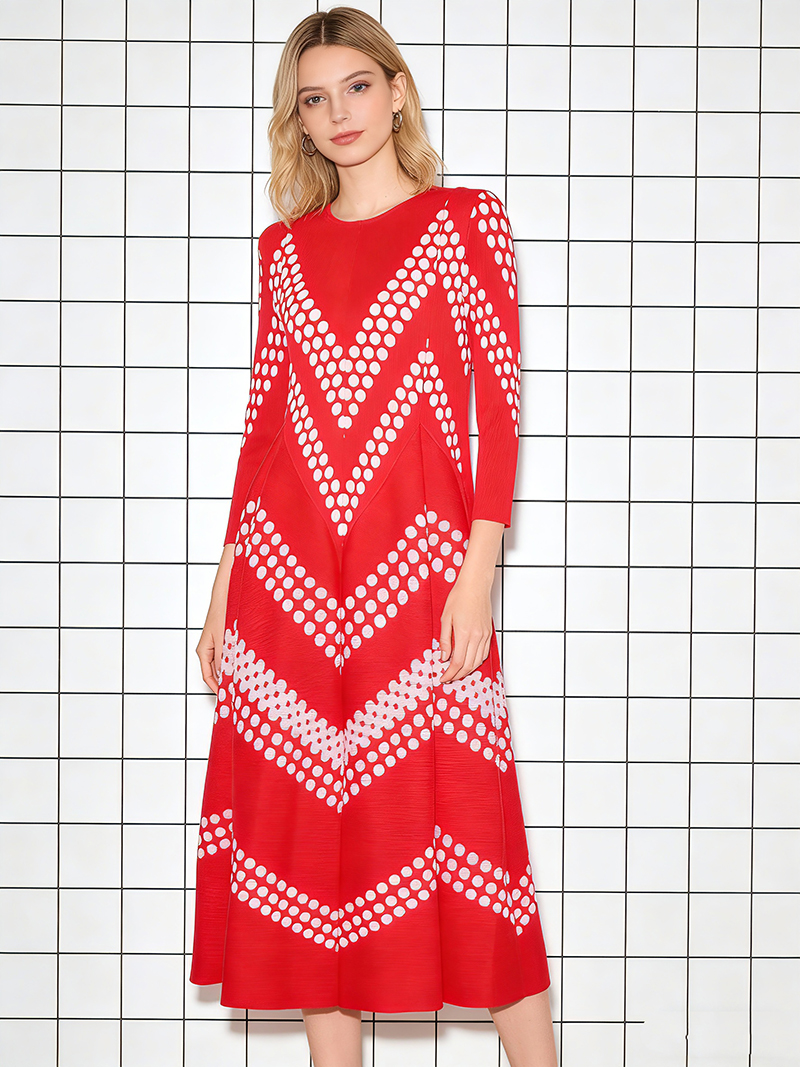 RY1926# 三宅欧美跨境优雅波点褶皱连衣裙法式文艺复古印花抖抖裙大码女装