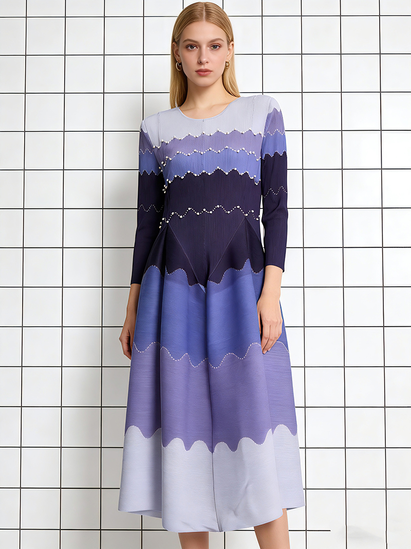 RY1927# 褶皱印花钉珠八片裙欧美跨境重工压褶拼色收腰大摆长裙三宅连衣裙