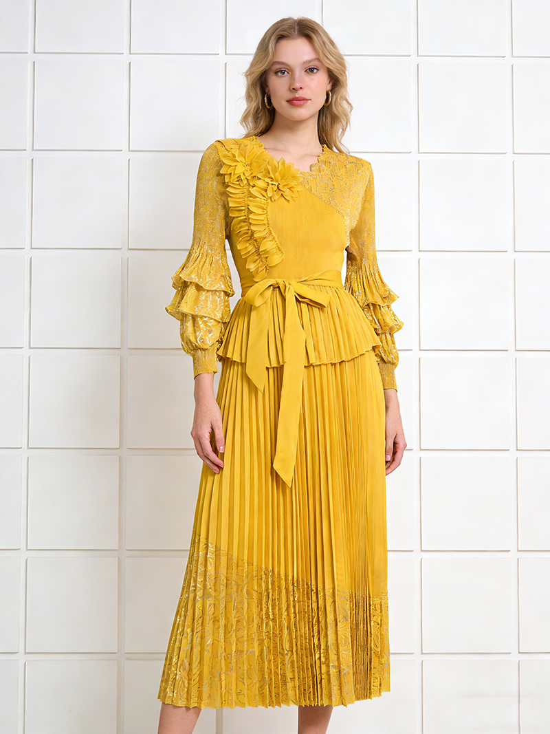 RY1922# 三宅外贸荷叶边盘花木耳边灯笼袖褶皱绑带收腰烫金宽松百褶连衣裙