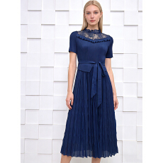 批发三宅外贸蕾丝拼接腰带收腰显瘦褶皱<b class='q'>连衣裙</b>百褶裙mm装简约<b class='q'>大码</b>女装