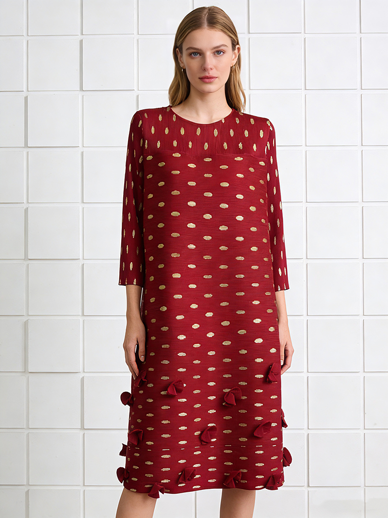 RY1923# 三宅外贸烫金抖抖裙褶皱宽松遮肉连衣裙盘花A字裙mm装大码女装