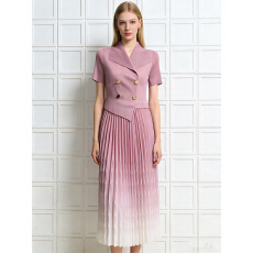 批发外贸三宅西装领褶皱渐变色高腰绑带气质宽松mm装设计感短袖百褶裙