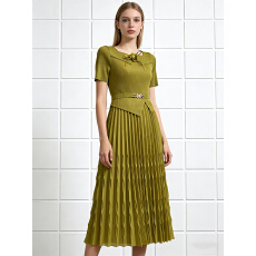 批发三宅外贸蝴蝶结方领腰带收腰显瘦褶皱连衣裙百褶裙简约mm大码女装