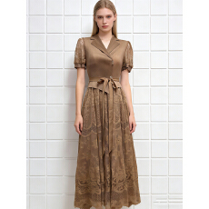 批发三宅外贸西装领高腰褶皱显瘦减龄mm装优雅大码女装蕾丝拼接大摆裙