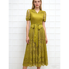 批发三宅外贸高腰褶皱显瘦减龄mm装优雅大码女装蕾丝拼接大摆裙<b class='q'>连衣裙</b>