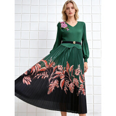 批发三宅外贸印花百褶裙绑带收腰显瘦灯笼袖绣花褶皱连衣裙mm大码<b class='q'>女装</b>