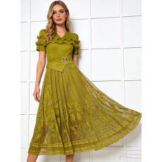 批发三宅外贸高腰褶皱木耳边mm装优雅大码女装蕾丝拼接大摆裙<b class='q'>连衣裙</b>