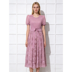 批发三宅外贸绑带显瘦通勤褶皱mm装优雅大码女装蕾丝拼接大摆裙<b class='q'>连衣裙</b>