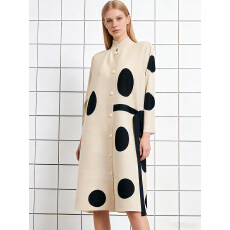 批发欧美跨境三宅飘带宽松褶皱波点印花开衫<b class='q'>连衣裙</b>百搭长袖立领衬衫裙