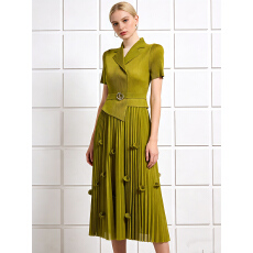 批发三宅外贸西装领褶皱贝壳花减龄优雅大码女装法式百褶大摆裙连衣裙