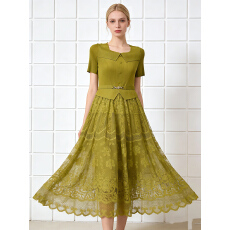 批发三宅外贸绑带显瘦通勤褶皱mm装优雅大码女装蕾丝拼接大摆裙连衣裙