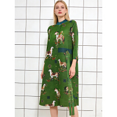 批发欧美跨境三宅飘带宽松褶皱国风印花开衫连衣裙百搭长袖立领衬衫裙