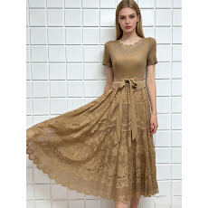 批发三宅外贸绑带显瘦烫钻褶皱mm装优雅大码女装蕾丝拼接大摆裙连衣裙