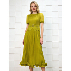 批发三宅外贸mm装钉钻小香风木耳边褶皱绑带收腰连衣裙法式优雅百褶裙