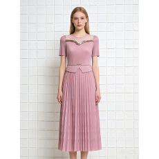 批发三宅外贸亮片蕾丝绑带收腰显瘦法式褶皱连衣裙百褶裙mm装大码女装