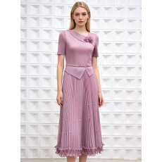 三宅外贸盘花钉珠小香风木耳边褶皱绑带收腰连衣裙法式优雅百褶裙