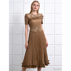 批发三宅外贸蕾丝拼接小香风木耳边褶皱绑带收腰连衣裙法式优雅百褶裙