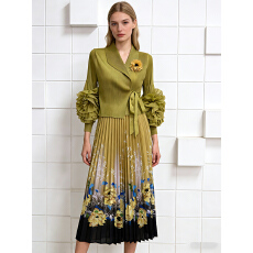 批发外贸三宅非洲<b class='q'>欧美</b>印花订花盘花立体装饰褶皱<b class='q'>连衣裙</b>优雅西装领女装