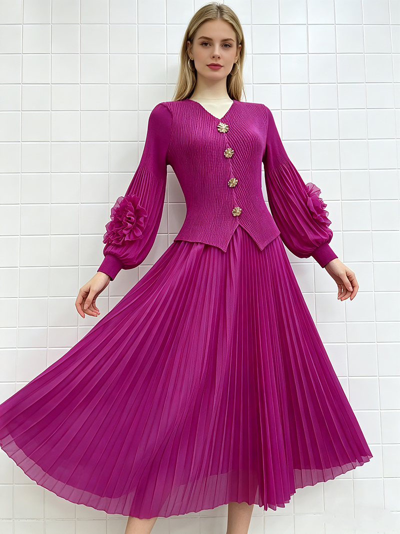 RY3555# 三宅龙鳞褶宽松盘花灯笼袖上衣百搭优雅百褶裙外贸重工褶皱套装裙