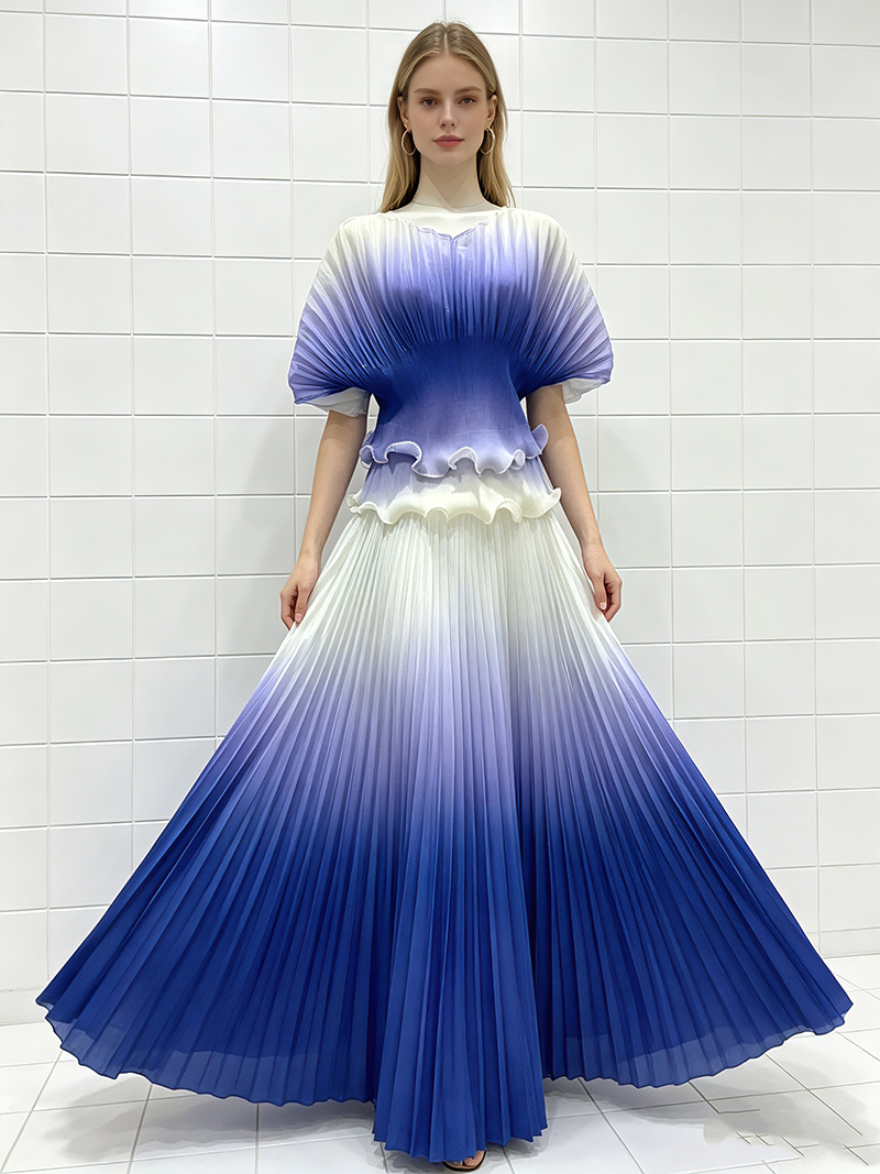 RY3556# 三宅外贸印花渐变色褶皱木耳边宽松上衣百搭百褶裙mm大码女装套装