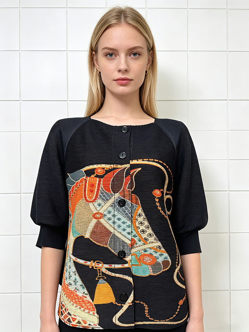 RY3955# 三宅新中式印花灯笼袖褶皱开衫国风大码女装mm装宽松上衣长袖短袖