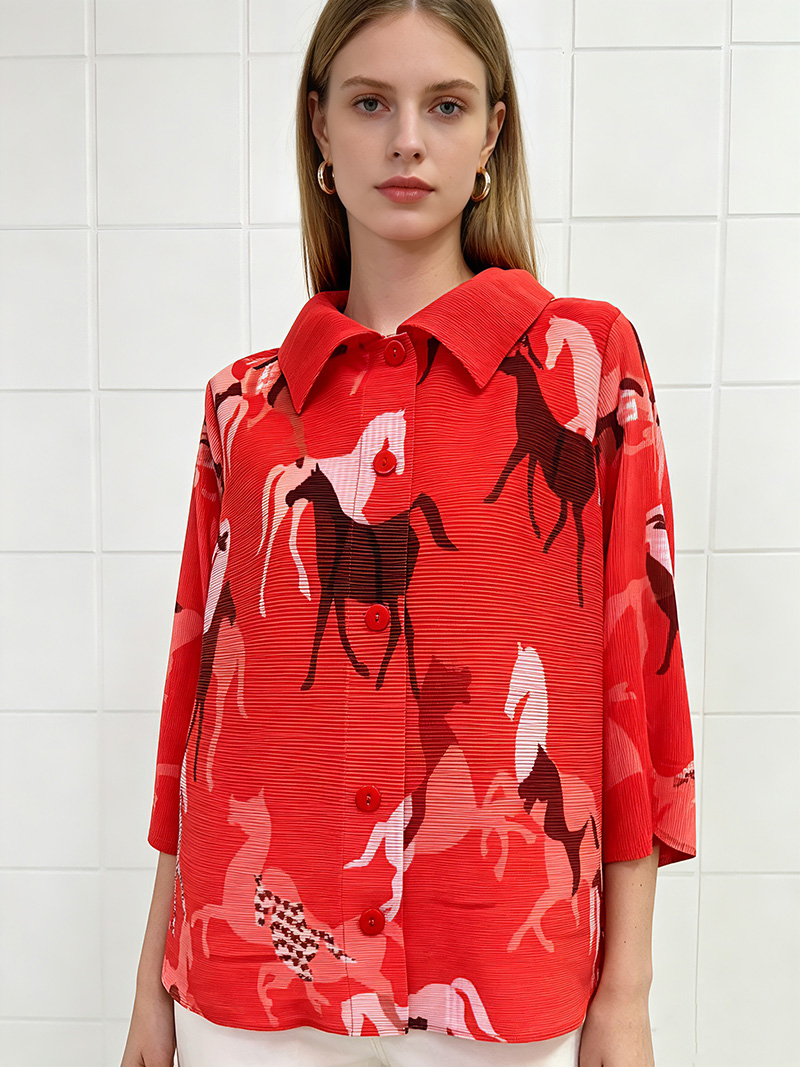 RY3956# 三宅国风褶皱印花上衣翻领长袖mm装大码女装洋气百搭宽松女小外套