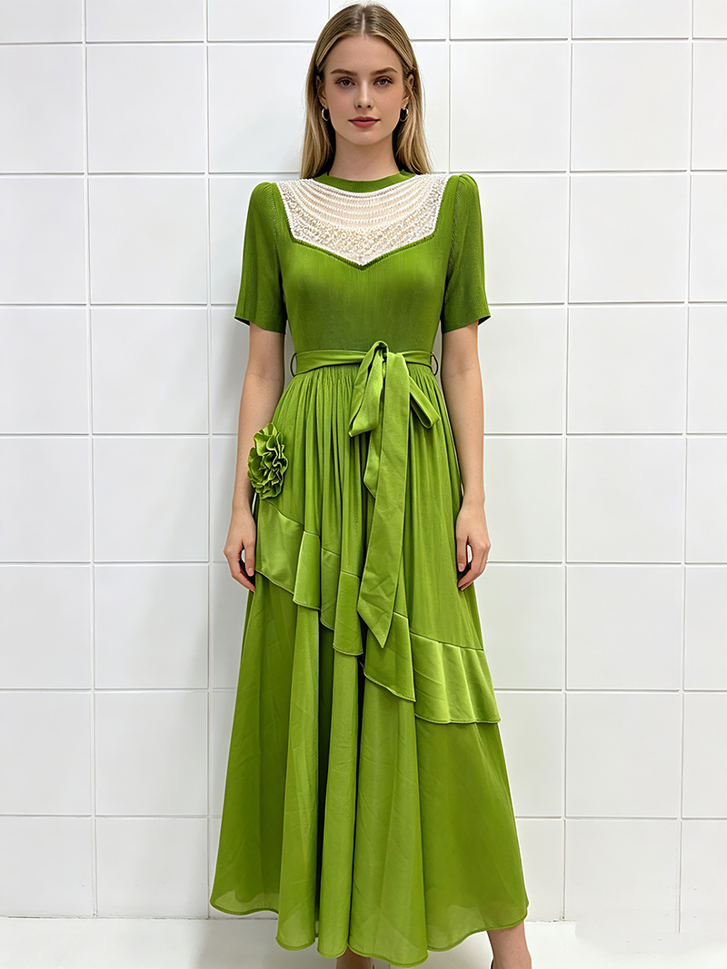 RY3954# 三宅外贸欧美钉珠褶皱荷叶边绑带收腰显瘦盘花短袖连衣裙女蛋糕裙