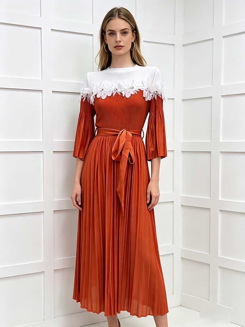 RY3952# 三宅喇叭袖蕾丝拼接褶皱外贸钉珠时尚盘花宽松显瘦优雅百褶裙mm装