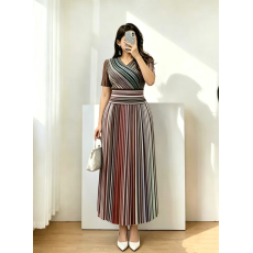批发三宅印花外贸褶皱中长裙拼接条纹气质通勤风mm装高腰显瘦大码女装
