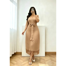 批发三宅外贸龙鳞褶流苏镂空宽松褶皱收腰显瘦连衣裙大码女装mm装长裙
