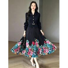 批发三宅外贸宽松褶皱印花灯笼袖娃娃领绑带收腰显瘦纽扣百褶裙<b class='q'>连衣裙</b>