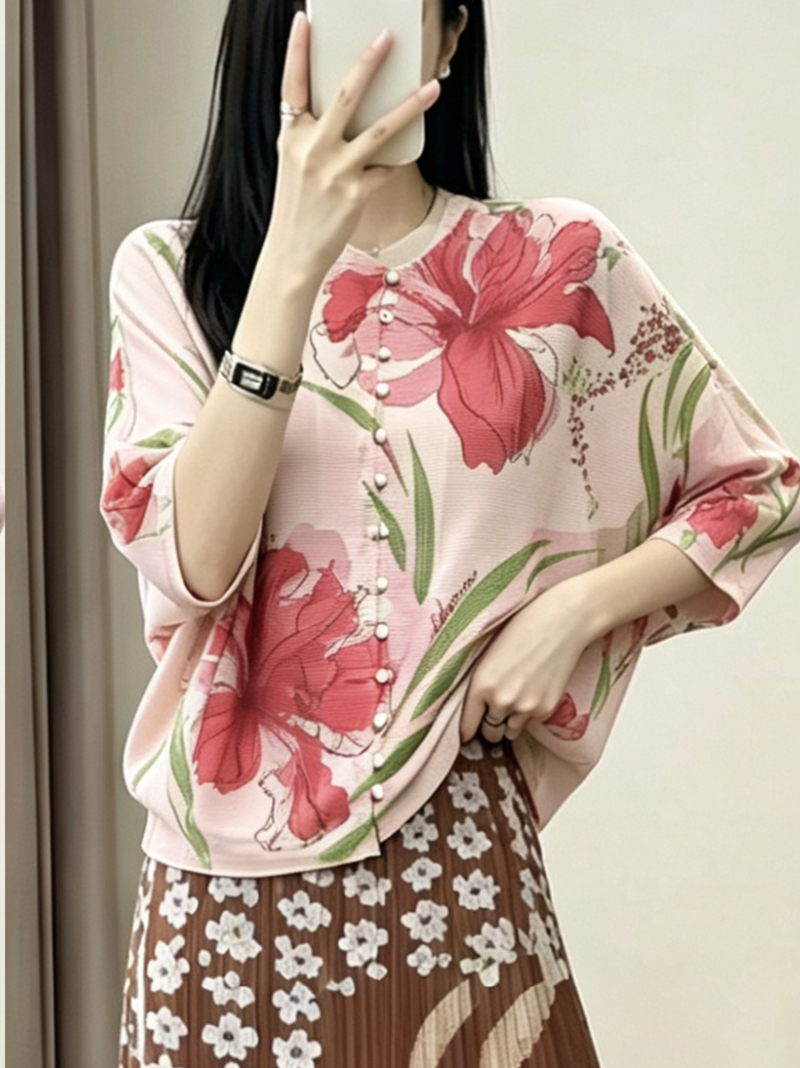 RY6245# 三宅小香风蝙蝠袖褶皱大码女装宽松衬衫T恤海边度假优雅外套上衣
