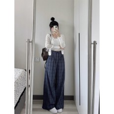 批发【广州面料】藏青色格子裤女秋2025新款宽松慵懒风<b class='q'>西装</b>拖地阔腿裤