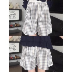 批发【立体腰后袋】日系蓝色格子条纹休闲<b class='q'>短裤</b>女夏慵懒风泡泡纱五分裤
