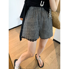 批发内里+包边 复古格子<b class='q'>蕾丝</b>花边拼接短裤<b class='q'>女</b>2025夏季新款显瘦阔腿<b class='q'>裤</b>
