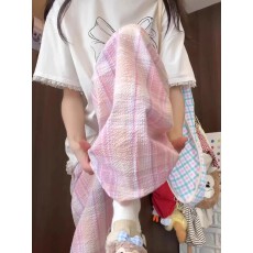 批发高质量内包边 <b class='q'>冰</b><b class='q'>丝</b>粉色格子裤子女夏薄2025新款高腰显瘦直筒裤