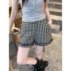 批发【原布复合西裤】复古慵懒风新款木耳边格子休闲裤<b class='q'>女装</b>夏季高腰