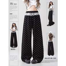 批发280克内里包条<b class='q'>蕾丝</b>拼接波点阔腿裤<b class='q'>女</b>宽松直筒休闲拖地长裤
