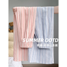 批发【高质量 原布】粉色<b class='q'>亚麻</b>条纹裤女夏季2025新款高腰休闲薄款