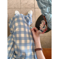 批发TR格子 立体包条 小清新蓝白格子oversize阔腿裤爆款垂感拖地裤