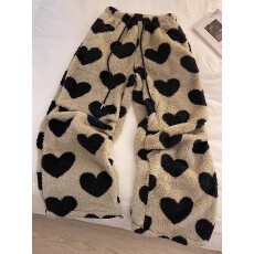 批发束脚抽绳#韩系<b class='q'>甜美</b>爱心双面绒睡裤女冬季舒适亲肤居家直筒遛弯裤