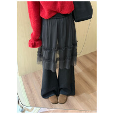 批发超甜超美的蕾丝网纱拼接花边微喇裤2025深冬加绒百搭通勤休闲裤女