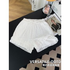 批发有内衬#复古蕾丝花边<b class='q'>格子</b>休闲短<b class='q'>裤</b>宽松百搭减龄阔腿热<b class='q'>裤</b>女