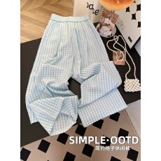 批发小清新浅蓝色<b class='q'>格子</b>宽松<b class='q'>阔腿裤</b>女薄款慵懒百搭通勤直筒休闲<b class='q'>裤</b>