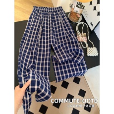 批发简约百搭<b class='q'>格子</b><b class='q'>阔腿裤</b>女宽松高腰通勤垂感直筒休闲<b class='q'>裤</b>拖地<b class='q'>裤</b>