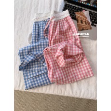 批发韩系撞色高腰格子宽松阔腿裤女<b class='q'>百搭</b>通勤显瘦垂感直筒休闲裤