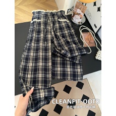 批发灰蓝格子直筒休闲裤女蕾丝拼接<b class='q'>百搭</b>抽绳宽松垂感直筒阔腿裤