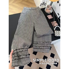 批发日系双层木耳边格子阔腿裤女宽松<b class='q'>百搭</b>通勤显瘦休闲九分裤