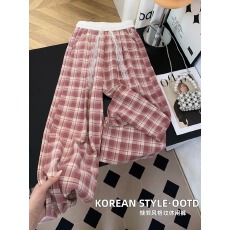 批发蕾丝抽绳格子<b class='q'>阔腿裤女</b>高腰百搭通勤垂感慵懒风宽松休闲长裤